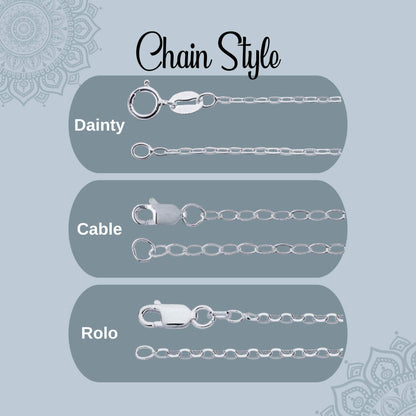 An image graphic of a close-up view of each chain style, including the clasps. There are three chain styles in 925 sterling silver: dainty, cable, and rolo links. You choose your chain size and length. 